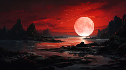 Fantasy night landscape, red moon. Generative AI