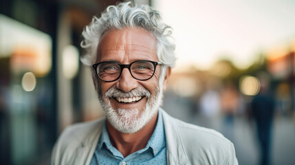 Happy satisfied senior man wearing glasses portrait outside. Generative Ai