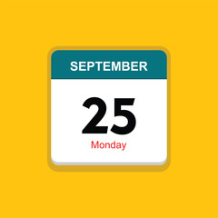 monday 25 september icon with yellow background, calender icon