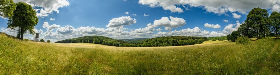 panorama hill country side with forest and meadow with hunters high seat - obrazy, fototapety, plakaty