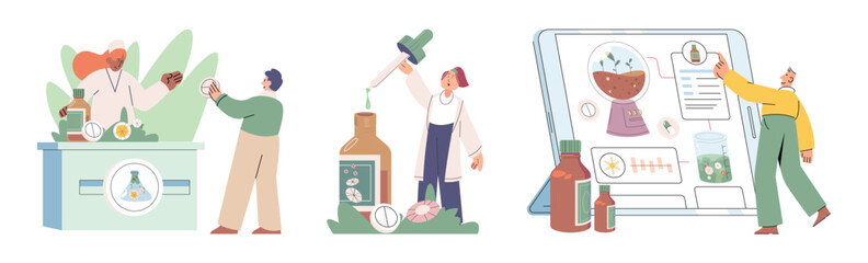 Herbal oils natural medicines. Scientist or doctor making alternative medicine herb, mortar, laboratory glassware plant in tube, flower. Doctor checking medicinal herbs. Herbal medicine. Drug research