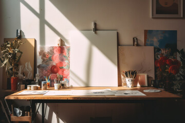 artistic frame canvas mock up in a curated whimsical studio setting on easel / desk, atelier bohemian style with natural light and shadows - ai generative art