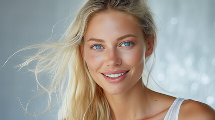 blonde skincare woman model with beautiful perfect skin, blue eyes. Generative ai,