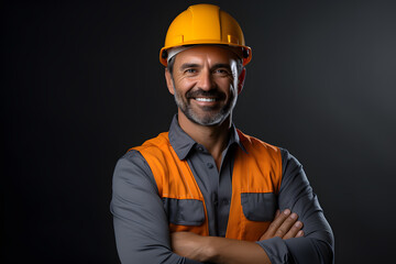 Front view male builder in uniform and orange helmet isolated in studio ai generated art