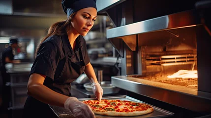 Poster Chef in a Pizzeria Checking Baked Pizza in the Oven. ai generative © ZoomTeam