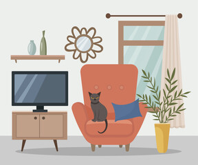 Living room interior with armchair, TV, mirror, window, home flower. The cat is on the chair. Living room. Home furniture. Vector illustration in a flat style.
