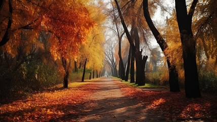 Autumn in the park, Red yellow leave and A path in the park with fallen leaves. Generative Ai
