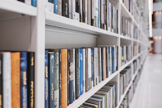 DUBAI, UNITED ARAB EMIRATES - August, 2022: Bookshelves inside Mohammed Bin Rashid Library