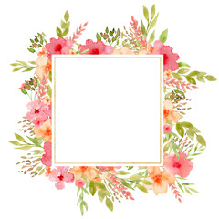 Floral Frame with pink abstract Flowers. Hand drawn illustration of square Template on white isolated background. Backdrop for greeting card or wedding invitations. Border with golden texture.