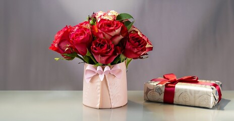 An image of a bouquet of red color roses in a vase and a gift box