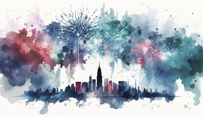 fireworks over the city, watercolor style Generative AI