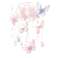 Baby girl crib mobile with delicate butterflies, transparent background, watercolor style, baby shower Generative AI