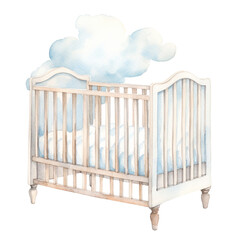 Obraz na płótnie Canvas Watercolor painting of a baby crib with fluffy clouds above, transparent background, watercolor style, baby shower Generative AI