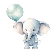 Watercolor depiction of a baby elephant holding a balloon, transparent background, watercolor style, baby shower. Generative AI
