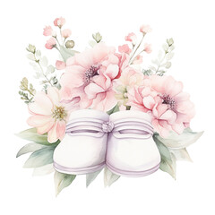 Sweet baby booties with floral watercolor accents, transparent background, watercolor style, baby shower Generative AI