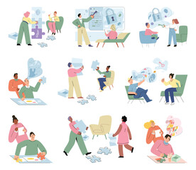 Private psychology, psychotherapy help concept. Psychologist assistant service, support therapy set. Mental therapy sessions with psychotherapists. Teenage, couple, individual and group psychology