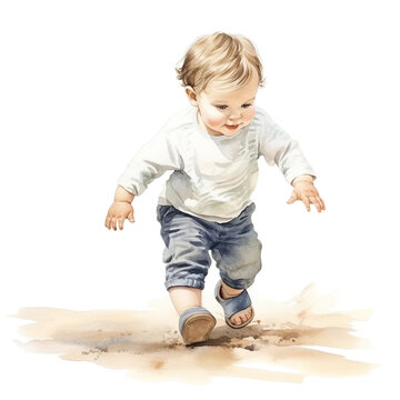 Watercolor illustration of a baby's first steps, transparent background, watercolor style, baby shower Generative AI