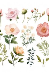 botanical pattern with watercolor flowers, AI Generated