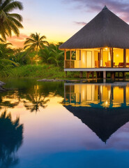 Obraz premium A tranquil bungalow illuminated by a vibrant Caribbean sunset, its silhouette creating a mesmerizing reflection. Generative AI