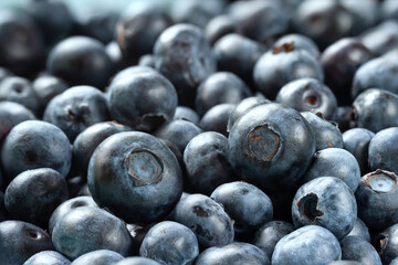 Fresh blueberry background. Texture of blueberries close-up. Sprinkle blueberries. Ripe blueberries with copy space. Scattered fresh blueberries