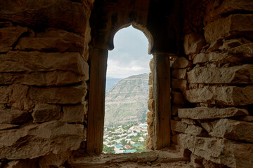 Medieval defensive tower in the village of Goor. View from the tower window. Russia, Dagestan.