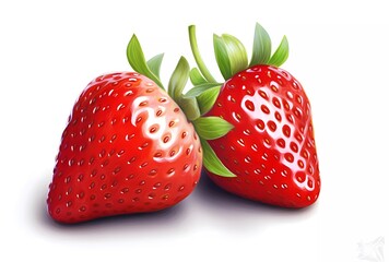 Two strawberries with green leaves. Generative AI
