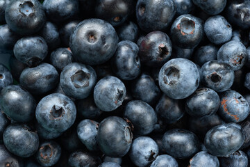 Blueberry background. Texture of fresh blueberries close-up. Sprinkle blueberries. Ripe blueberries with copy space. Scattered fresh blueberries