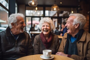 A lively group of elderly friends sharing laughter over coffee, reflecting the importance of friendship and social connections in maintaining joy in old age