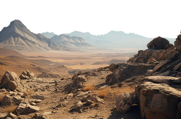 barren desert landscape. transparent PNG. Desert landscape. rocky alien planet. Mars surface. - obrazy, fototapety, plakaty