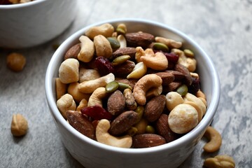 Trail mix in a white bowl