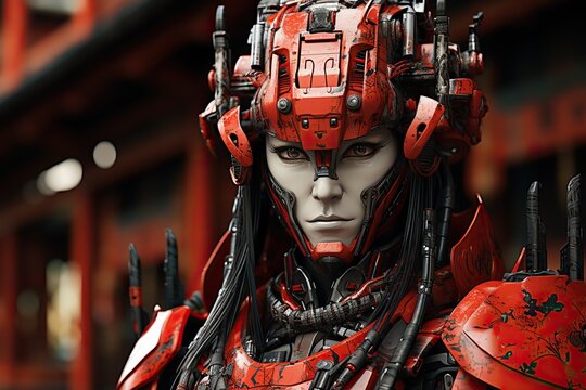 magnificent cyborg woman samurai, illustration, generative ai