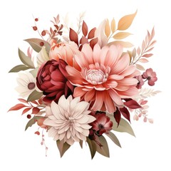pink and red watercolor flowers bouquet, AI Generated