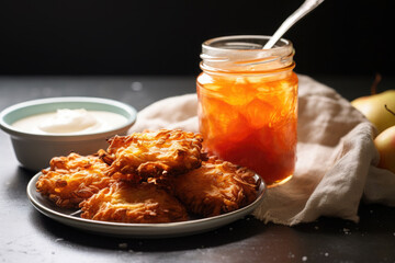 Jar of apple sauce and bowl of crunchy Jewish latkes on wooden table