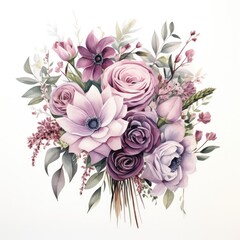 Blue and purple watercolor flowers bouquet, AI Generated