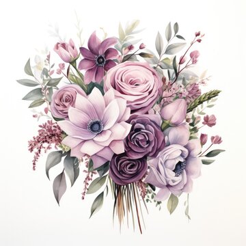 Blue and purple watercolor flowers bouquet, AI Generated