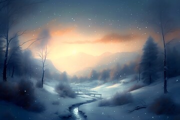 Illustration of a winter landscape covered in snow with glowing light, Generative AI