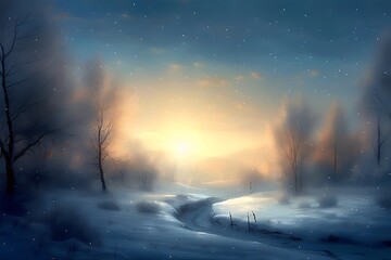 Illustration of a winter landscape covered in snow with glowing light, Generative AI