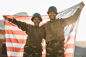 Army, portrait of man and woman with American flag, solidarity and team pride together at war time. Smile, happiness and soldier partnership, people with patriot service in military uniform for USA.