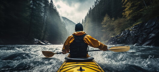 whitewater kayaking, down a white water rapid river in the mountains. Hand edited generative AI. - obrazy, fototapety, plakaty
