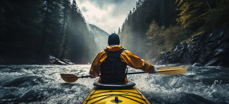 whitewater kayaking, down a white water rapid river in the mountains. Hand edited generative AI.