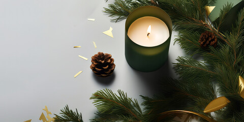  Christmas candle mockup with pine or fir branches cones,golden Xmas decoration, confetti, lights.First Advent.New Years template.Top view. flat lay. Holidays background with copy space.Generative ai