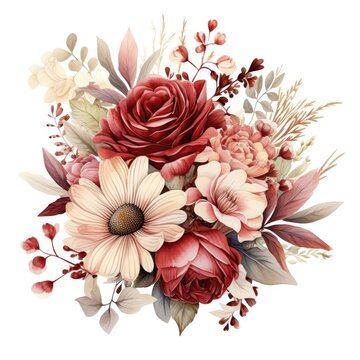 pink and red watercolor flowers bouquet, AI Generated