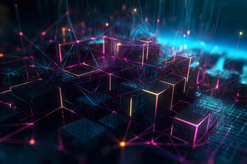 Representation of blockchain nodes technology inside a computer