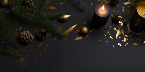  Christmas candle mockup with pine or fir branches cones,golden Xmas decoration, confetti, lights.First Advent.New Years template.Top view. flat lay. Holidays background with copy space.Generative ai