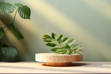 Wooden and Nature podium and beautiful lighting. Background for product presentation. Generative AI