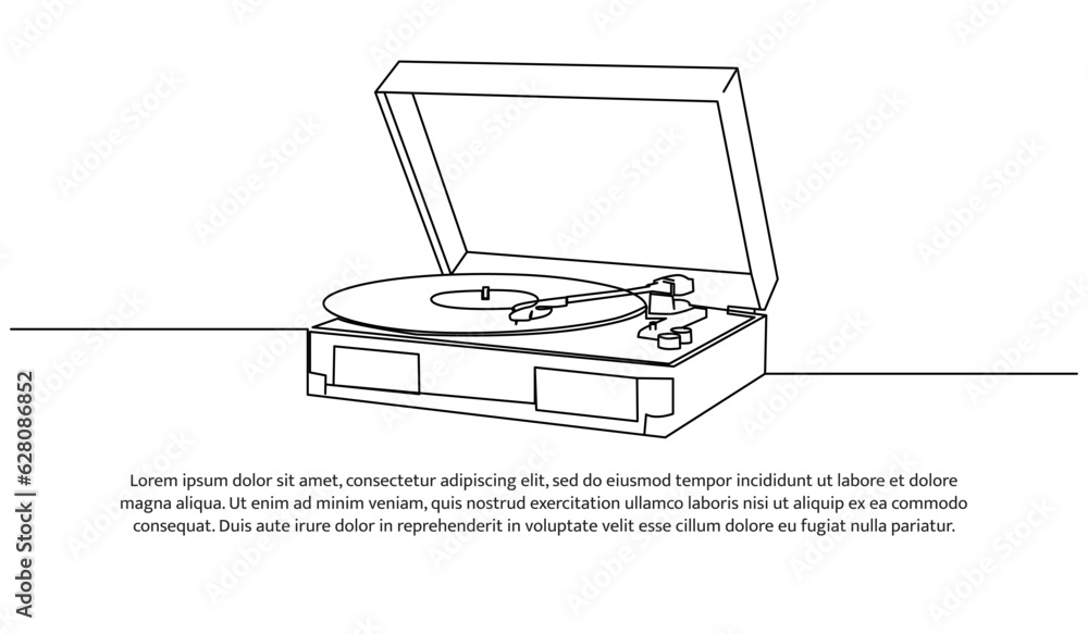 Poster retro music player turntable one continuous line design. decorative elements drawn on a white backgr