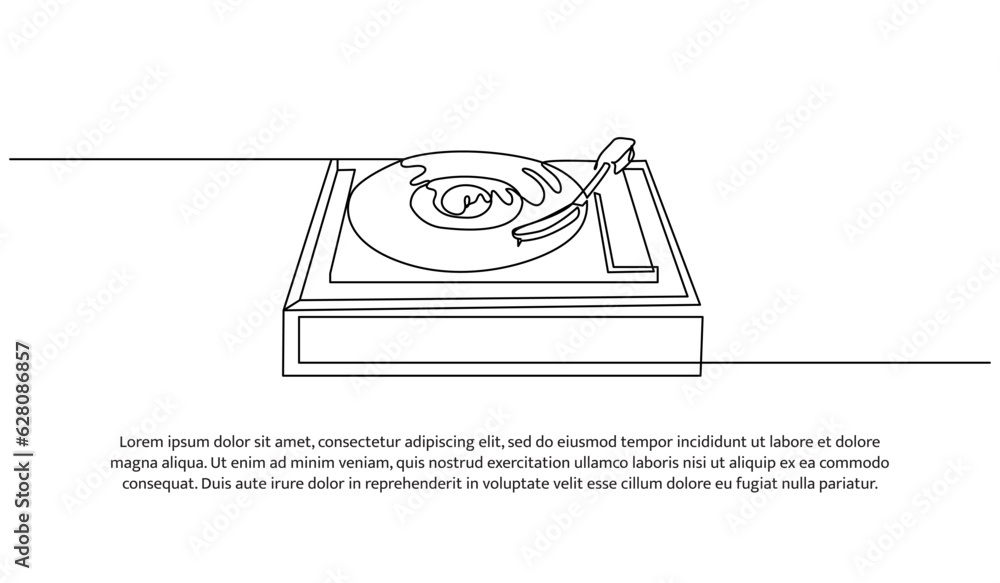 Poster retro music player turntable one continuous line design. decorative elements drawn on a white backgr
