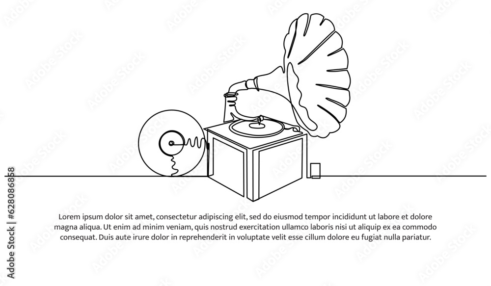 Poster retro analog gramophone one continuous line design. decorative elements drawn on a white background.
