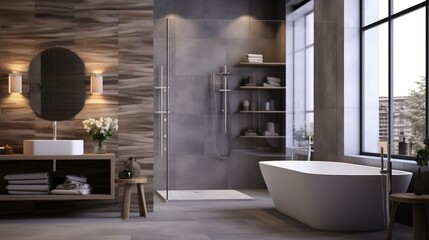 Modern Interior of bathroom with a shower area and bathtub, Generative AI