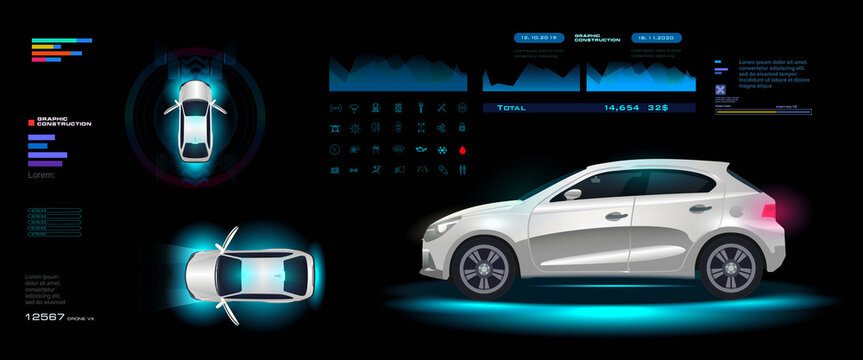 Realistic model of city car in different projections. Vehicle interface HUD with navigation bar. Smart car. Game board with beautiful car concept banner